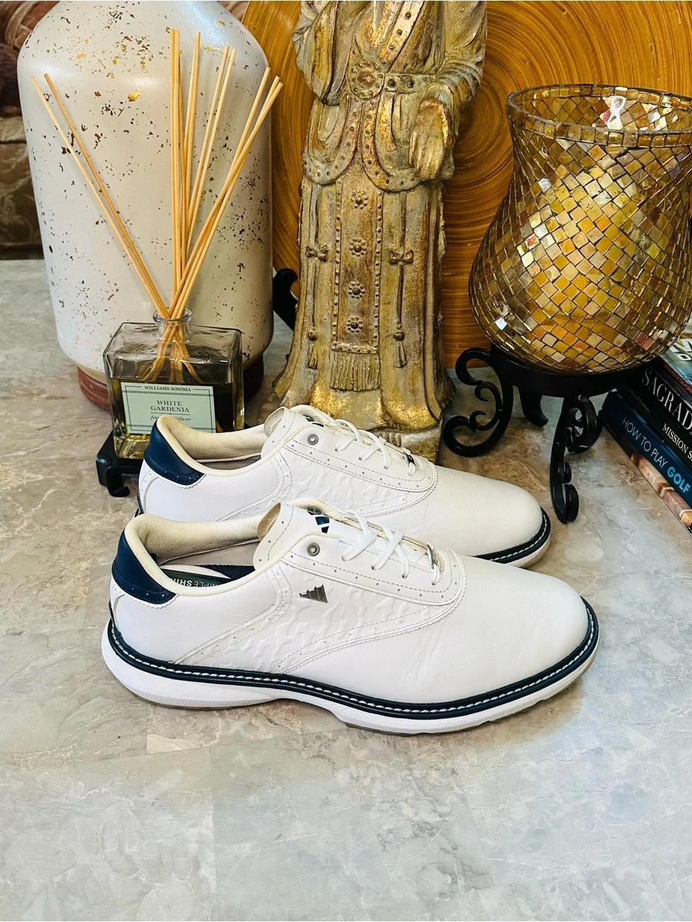 Men’s Adidas MC70 SL Golf Shoes White Leather Navy Spikeless Torsion Size 10.5